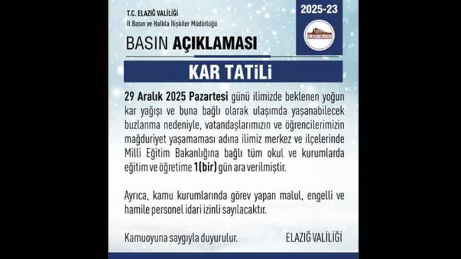 Yoğun Kar Nedeniyle Elazığ’da Okullar Tatil  Edildi